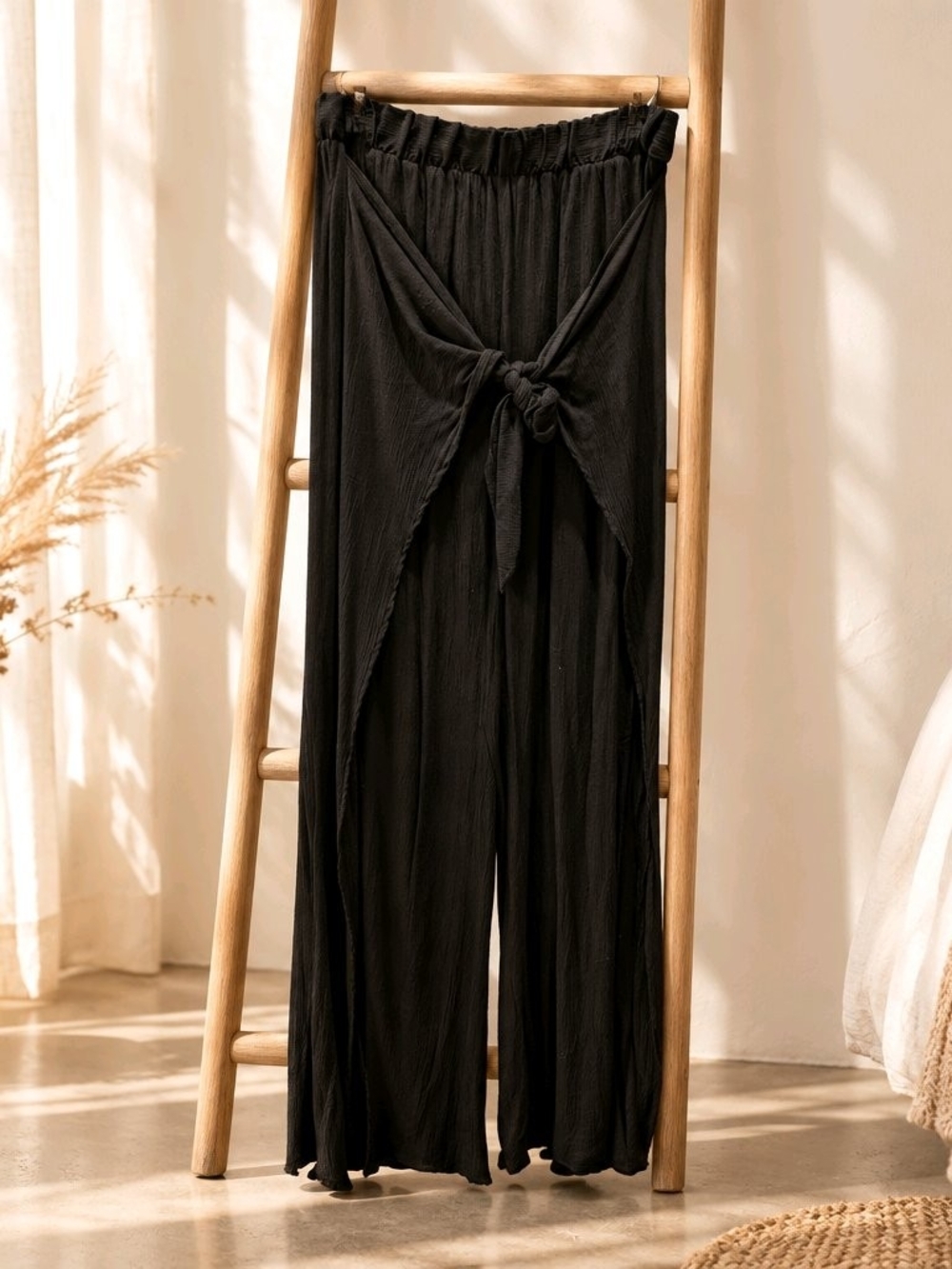 Serra Black Tie-Front Wide-Leg Pants